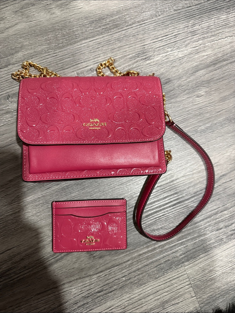 Coach Hot Pink Signature Leather Crossbody with Gold Chain with mini wallet